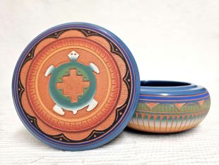 Native American Navajo Red Clay Round Jewelry Box with Turtle