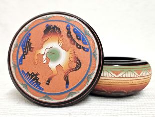 Native American Navajo Red Clay Round Jewelry Box with Horse