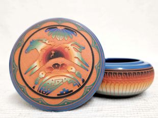 Native American Navajo Red Clay Round Jewelry Box with Horse