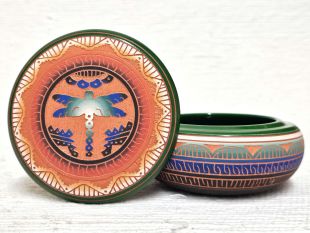 Native American Navajo Red Clay Round Jewelry Box with Dragonfly