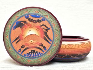 Native American Navajo Red Clay Round Jewelry Box with Horse