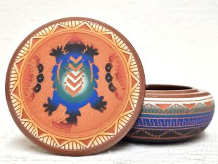 Native American Navajo Red Clay Round Jewelry Box with Horned Toad