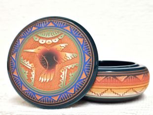 Native American Navajo Red Clay Round Jewelry Box with Hummingbird