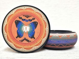 Native American Navajo Red Clay Round Jewelry Box with Butterfly