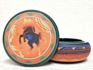 Native American Navajo Red Clay Round Jewelry Box with Horse