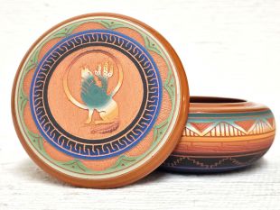 Native American Navajo Red Clay Round Jewelry Box with Coyote