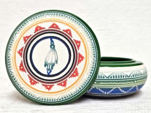 Native American Navajo White Clay Round Jewelry Box with Prayer Feather