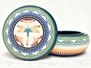 Native American Navajo White Clay Round Jewelry Box with Dragonfly