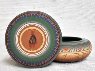 Native American Navajo Red Clay Round Jewelry Box with Prayer Feather