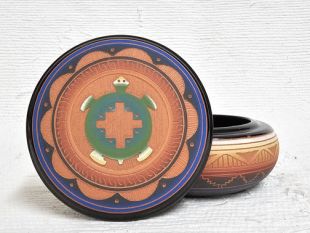 Native American Navajo Red Clay Round Jewelry Box with Turtle