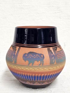 Native American Navajo Red Clay Pot with Buffalo