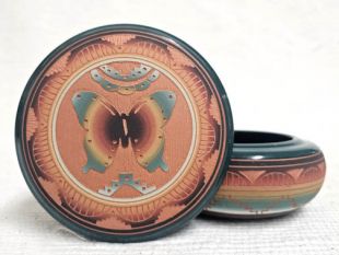 Native American Navajo Red Clay Round Jewelry Box with Butterfly