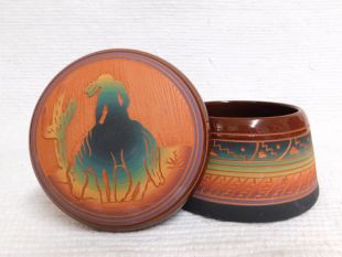 Native American Navajo Red Clay Small Round Jewelry Box with End of the Trail