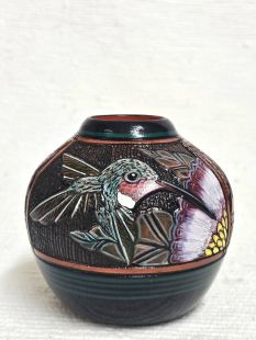 Native American Navajo Red Clay Pot with Hummingbird