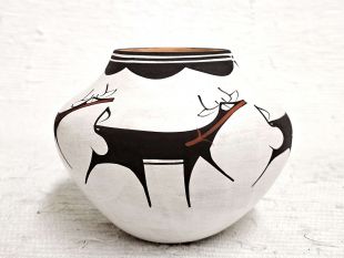 Native American Zuni Handbuilt and Handpainted Red Clay and White Slip Pot with Deer