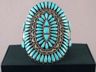 Vintage Native American Zuni Made Blossom Cuff Bracelet with Turquoise