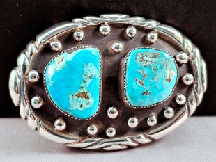 Native American Navajo Made Sterling Silver Buckle with Turquoise--Vintage 