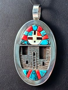 Native American Zuni Made Pendant with Sunface and Pueblo--Vintage