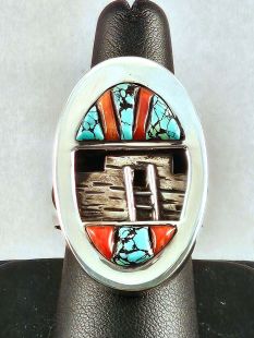 Native American Zuni Made Ring with Pueblo--Vintage