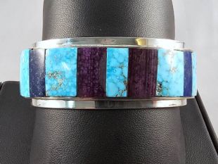 Native American Hopi Made Cuff Bracelet with Turquoise, Lapis and Sugilite