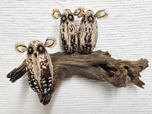 Mahogany Pod Owls on Wood--Three