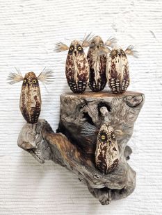 Mahogany Pod Owls on Wood--Five