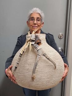 Rope-Wrapped Gourd Pot with Antler Handle