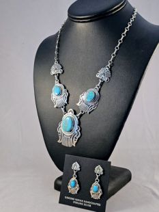 Native American Navajo Made Necklace and Earrings Set with Turquoise