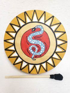 Native American Cherokee Made Painted Buffalo Drum with Snake