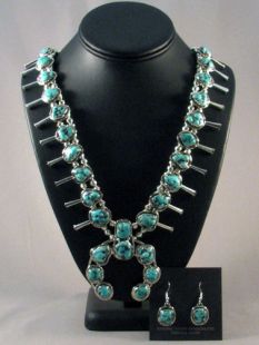 Native American Navajo Made Squash Blossom Necklace and Earrings 