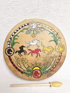 Native American Cherokee Made Painted Buffalo Drum with Horses and Medicine Plants