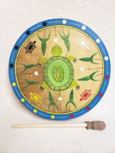 Native American Cherokee Made Painted Drum with Turtle
