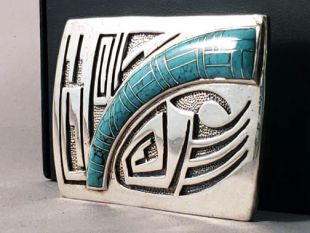 Vintage Native American Navajo Made Buckle with Bear Paw and Turquoise Inlay