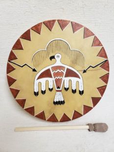 Native American Cherokee Made Painted Buffalo Drum with Thunderbird