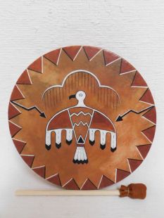 Native American Cherokee Made Painted Buffalo Drum with Thunderbird