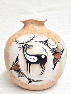 Native American Zuni Handbuilt and Handpainted Pot with Deer, Spirit Bear and Butterfly