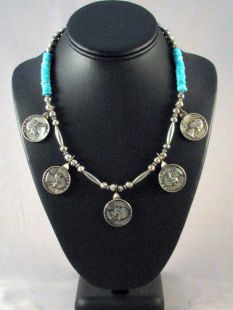 Native American Lakota Made Necklace with Quarters and Turquoise