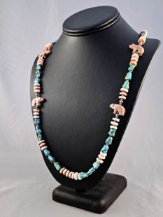 Native American Lakota Made Turquoise and Shell Necklace with Bears