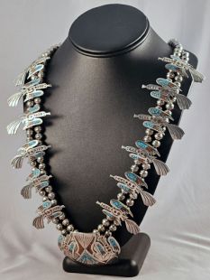 Vintage Native American Navajo Made Thunderbird Squash Style Necklace 