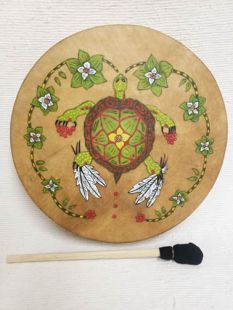 Native American Cherokee Made Painted Buffalo Drum with Turtle