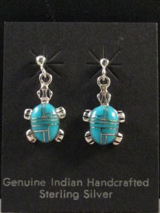 Native American Zuni Made Turtle Earrings with Turquoise Inlay