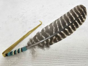 Native American Made Sacred Prayer Feather with Beaded Wrap