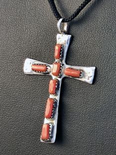 Native American Zuni Made Cross with Coral