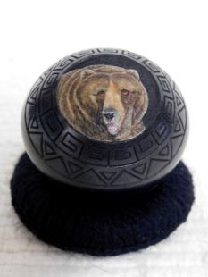 Native American Navajo Handbuilt Handetched and Handpainted Miniature Seed Pot with Bear