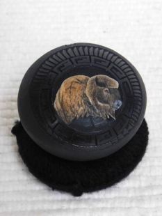 Native American Navajo Handbuilt Handetched and Handpainted Miniature Seed Pot with Buffalo
