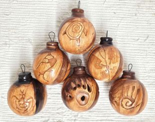 Native American Navajo Made Ceramic Woodgrain Carved Christmas Ball Ornaments