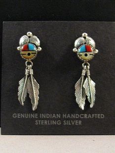 Native American Zuni Made Earrings with Sunface (Zia) Post with Feathers