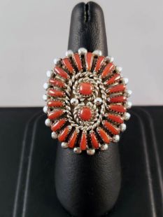 Vintage Native American Zuni Made Blossom Ring with Coral