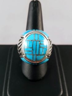 Vintage Native American Zuni Inlaid Ring with Turquoise