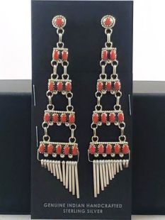 Vintage Native American Zuni Made Chandelier Earrings with Coral 